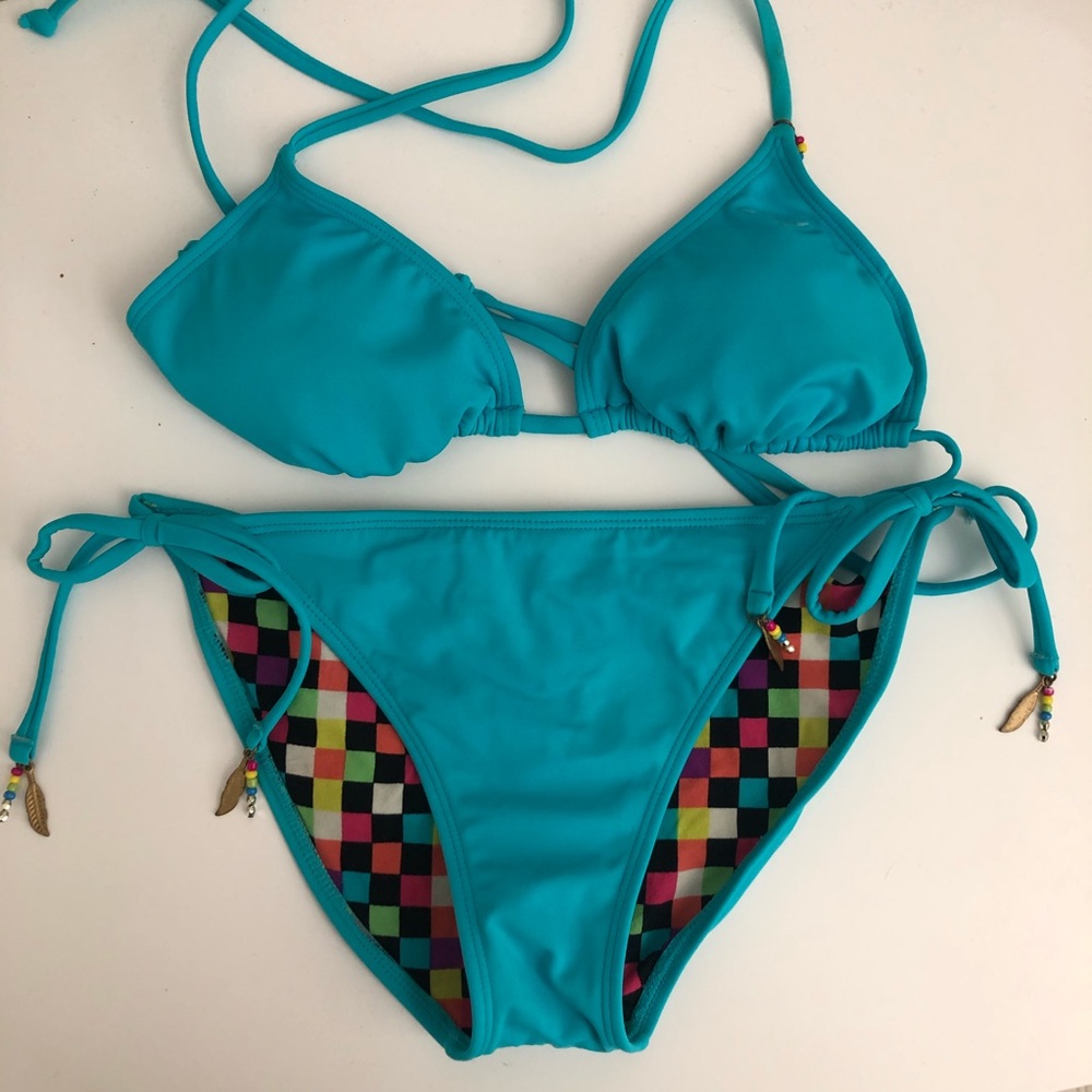 Turquoise blue Roxy string bikini set